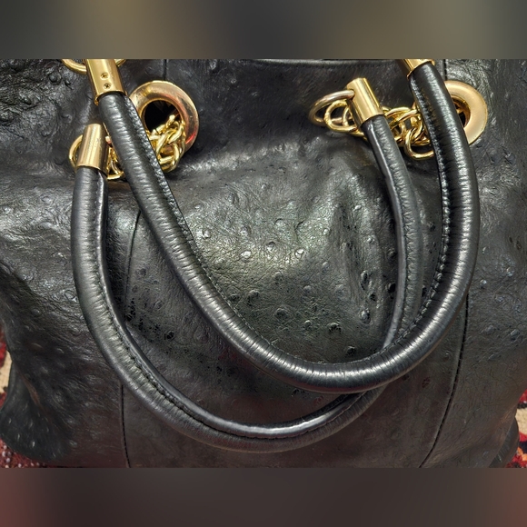 Cynthia Rowley Black Ostrich Embossed Leather Gold Chain Accent Tote - Picture 4 of 8